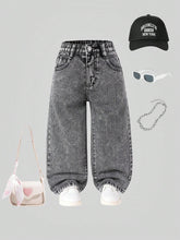Young Girl Y2K Street Daily Elastic Waist Straight Jeans With Flat Pockets, Girls Daily OOTD Outfits